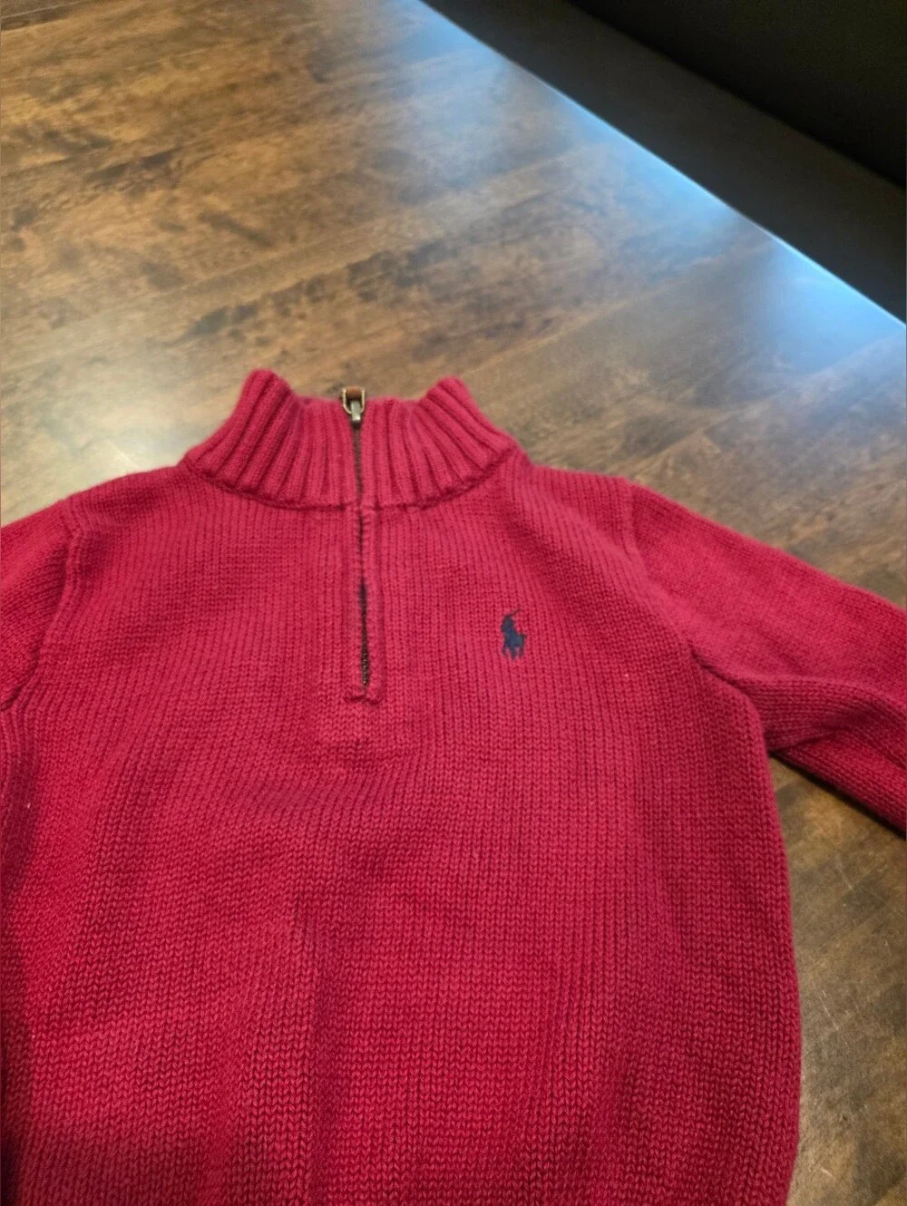 Ralph Lauren Toddler Boy Red Half-Zip Knit Sweater with Navy Stripe 18M